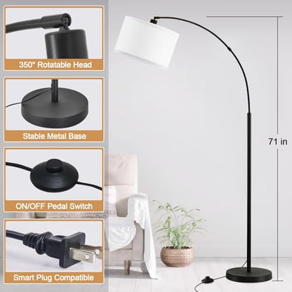 Luvkczc 71" Arc Floor Lamp for Living Room with Adjustable Lamp Head, Black Pole Lamp with White Shade, Standing Lamp with Foot Switch, Over Couch Arched Reading Light for Bedroom, Office, Study Room - color: Black,white