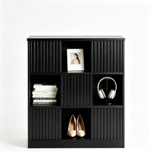9 Cube Storage Organizer, Wooden Cube Shelves with Closed Back Panel, 3-Tier Storage with 5 Sliding Doors,Cubes Closet Organizer for Living Room,Office,Bedroom,Study,Hallway Black - color: B-black, size: 9 Cube Storage