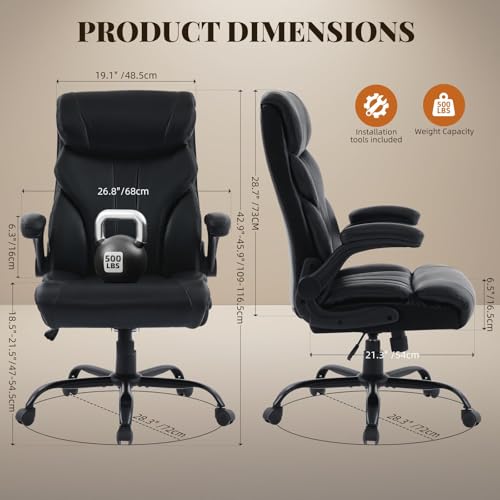 Office Chair 500 LBS, Heavy Duty Executive Leather Desk Chair with Adjustable Flip-Up Armrests, 100-118° Recline, Ergonomic Computer Chair for Heavy People Long Hours Work, Black - color: Black