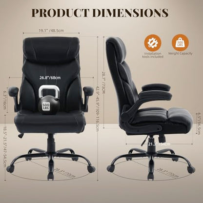 Office Chair 500 LBS, Heavy Duty Executive Leather Desk Chair with Adjustable Flip-Up Armrests, 100-118° Recline, Ergonomic Computer Chair for Heavy People Long Hours Work, Black - color: Black