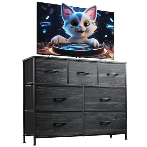 WLIVE 7 Drawer Dresser TV Stand, Entertainment Center, Media Console Table with Metal Frame and Wood Top for TV up to 45 inch, Chest of Drawers for Bedroom, Charcoal Black Wood Grain Print - color: Charcoal Black Wood Grain Print