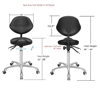 Kaleurrier Saddle Stool with Back Support: Rolling Saddle Chair with Wheels - color: Black, size: With Back