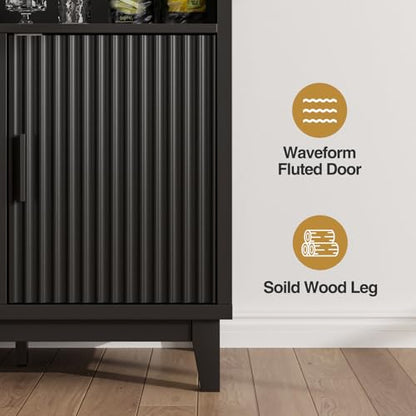 Fluted Buffet Cabinet with Storage, Modern Coffee Bar Cabinet, Black - color: Black, size: Coffee Bar - 15.6"D x 47.2"W x 49.6"H