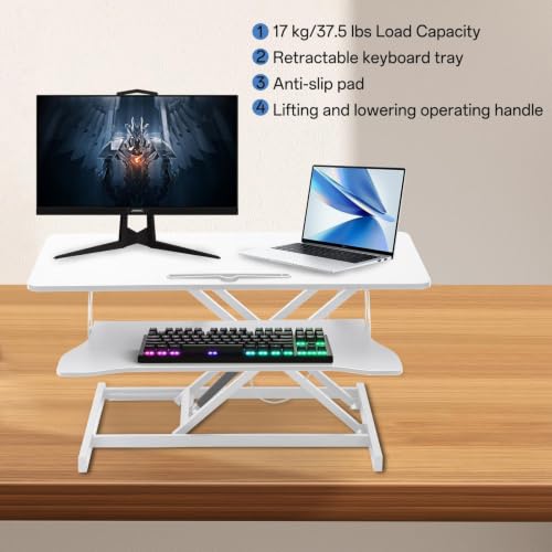 37" Desk Converter, Height Adjustable Stand Up Desk Converter, 2 Monitor Standing, Sit to Stand, Quick Sit to Tabletop, Riser Workstation with Wide Keyboard Tray - color: White