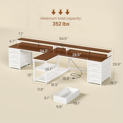 SEDETA 95" 2 Person Gaming Desk with 8 Drawers Storage Shelves, Brown+White | Double T Shaped Office Desk with LED Lights, Power Strip with USB & Monitor Stand for Home Office, Bedroom - color: Brown+white