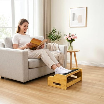 Hiceeden Bamboo Foot Rest Under Desk, Ergonomic Footrest with 4 Adjustable Heights, Non-Slip Foot Stool with Massage Surface for Office & Home Work, Improves Posture & Leg Circulation