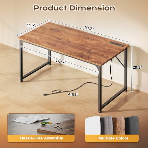 PRAISUN 47 X 24 Inch Deeper Desk with Power Outlets - color: Rustic Brown, size: 47.2*23.6 inch