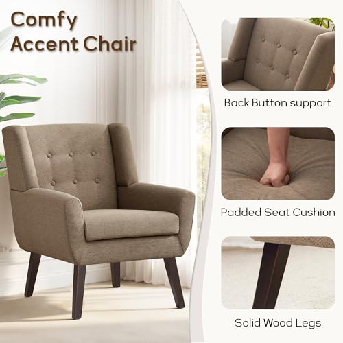 HUIMO Living Room Chairs Set of 2,Upholstered Button Linen Accent Chair | Mid Century Fabric Modern Armchair,Comfy Arm Club Sofa Chairs for Living Room Reading Bedroom,Waiting Room Brown 2PCS - color: Brown