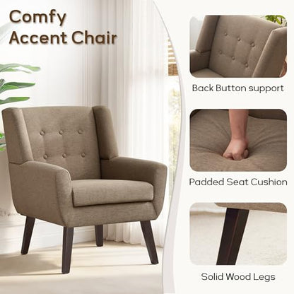HUIMO Living Room Chairs Set of 2,Upholstered Button Linen Accent Chair | Mid Century Fabric Modern Armchair,Comfy Arm Club Sofa Chairs for Living Room Reading Bedroom,Waiting Room Brown 2PCS - color: Brown