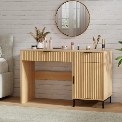 47" Executive Desk with Fluted Drawers, Wooden Home Office Desk with Storage Cabinet, Charging Station, Metal Legs Modern Farmhouse Computer Desk for Work, Study Natural Oak - color: Natural Oak