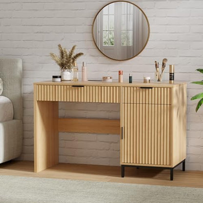47" Executive Desk with Fluted Drawers, Wooden Home Office Desk with Storage Cabinet, Charging Station, Metal Legs Modern Farmhouse Computer Desk for Work, Study Natural Oak - color: Natural Oak