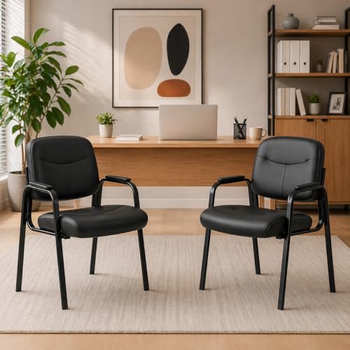 Office Reception Guest Chairs, Ergonomic Leather, Set of 2 | Waiting rooms, conference spaces, clinics, padded armrests, metal frame, no wheels, adults, home office, easy assembly - color: Inky, size: Set of 2
