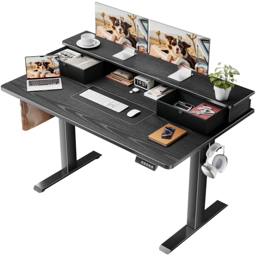 Veken 47x28 in Electric Standing Desk with Drawers, Adjustable Table, Black | Stand up Computer Desk for Home Office, Work & Study, with Storage, 3 Memory Presets, Cable Organizer, Hook, and Quiet Lift. - color: Black, size: 47.2×28 Inch