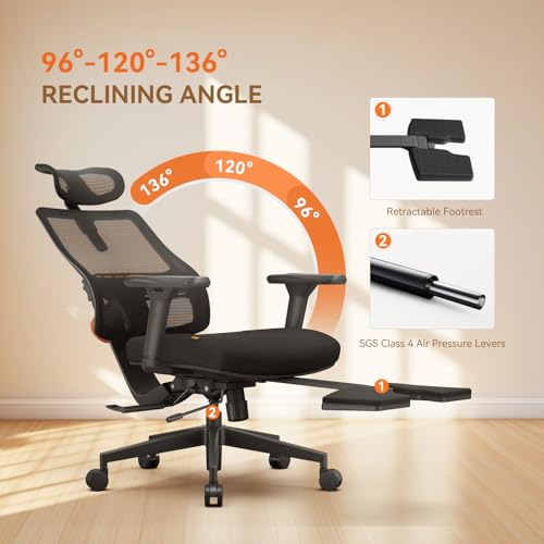 Office Chair Ergonomic with Footrest, Auto-Following Lumbar Support, High Back Desk Chair with 4D Armrest,136° Tilt Lock, Adjustable Seat Depth & Height - color: Black, size: 2D Headrest+Laptop Tray