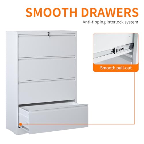 4 Drawer Lateral File Cabinet with Lock,White Metal Filing Cabinet - color: White, size: 52.3"H-4 drawers