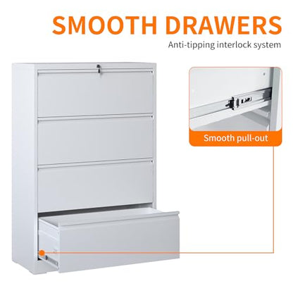 4 Drawer Lateral File Cabinet with Lock,White Metal Filing Cabinet - color: White, size: 52.3"H-4 drawers