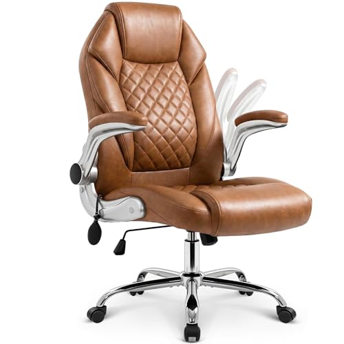 NEO CHAIR Executive Leather Chair, Ergonomic Office Chair, Lumbar Support | Brown Ergonomic Office Chair with High Back, Flip-Up Arms and Wide Seat, Comfortable Gaming Chair with Wheels for Back Pain - color: Brown