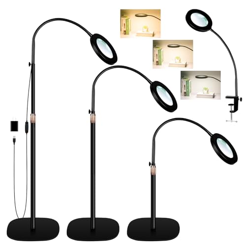 4-in-1 Magnifying Glass with Light and Stand, 3-Color Stepless Dimmable LED Magnifying Floor Lamp, 24" Gooseneck Swing Arm Lighted Magnifier with Clamp for Reading Craft (12X Black) - size: 10X only