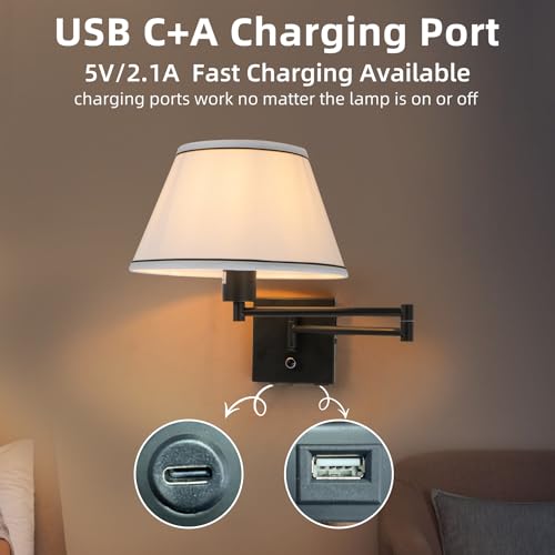 17" Swing Arm Wall Lamp White Fabric Shade - color: Black+White