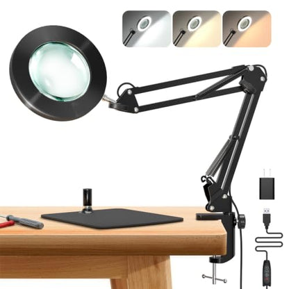 10X Magnifying Lamp with Light [Clamp and Stand], 4.3” Real Glass Lens Magnifier Desk Lamp Clip On, Metal Swing Arm LED Ring Light with 3 Color Modes & 10 Brightness for Close Work Crafts Nail - style: Lamp with Clamp and Stand