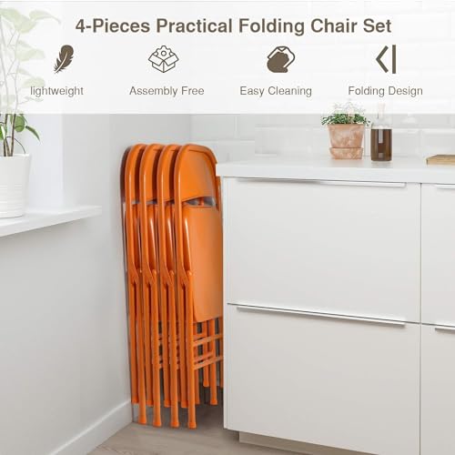 VECELO Metal Folding Chairs 4 Pack, Double Hinged Steel Frame Easy Foldable&Stackable for Office Kitchen Dinning Wedding Patio and Garden,Orange,Set of 4 - color: Orange