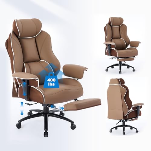 DJ·Wang Big and Tall Office Chair with Foot Rest, High Back Executive Office Chair PU Leather, Ergonomic Chairs with Lumbar Support, 135° Reclining Chairs with Thickened Spring Cushion Brown - color: Pu Brown