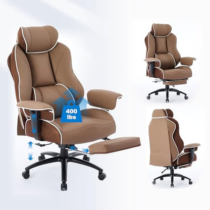 DJ·Wang Big and Tall Office Chair with Foot Rest, High Back Executive Office Chair PU Leather, Ergonomic Chairs with Lumbar Support, 135° Reclining Chairs with Thickened Spring Cushion Brown - color: Pu Brown