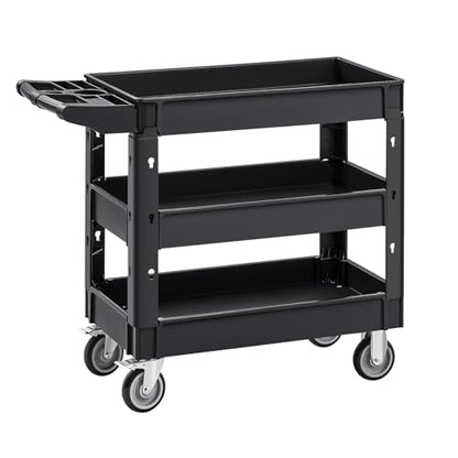 VEVOR Utility Cart, 3-Tier Plastic Service Cart with 550LBS Capacity, 360° Swivel Casters (Including 2 Locking Wheels), Medium Lipped Shelves, Ergonomic Handle, for Garage, Warehouse, Cleaning Tasks