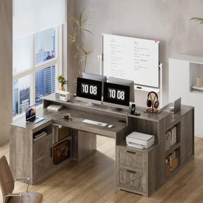 TVU Farmhouse L Shaped Desk with Drawers, 62.2" Home Office Desk with Storage Shelves and Power Outlet, L Shaped Computer Desk with Monitor Stand and Printer Shelf, Gray - color: Grey