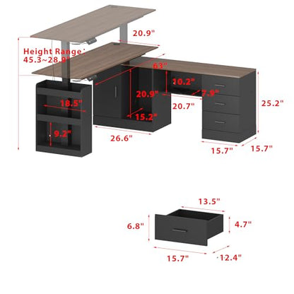 MOUMON Electric Standing Desk with Drawers and Shelves, Executive Adjustable Height Stand Up Desk, L-Shaped Design, 63 inch Tabletop, for Office Deep Brown and Black 63”W x 63”D x 28.9-45.3”H - color: Deep Brown and Black, size: 63”W x 63”D x 28.9-45.3”H