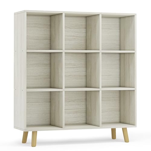 9-Cube Open Shelf Bookcase - 3-Tier Wooden Floor-Standing Bookshelf with Legs and Backpanel, Ideal for 11-inch Fabric Storage Bins and Miscellaneous Organizer, Oak - color: Oak, size: 9-Cube