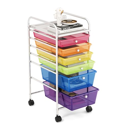 GOFLAME 6-Drawer Rolling Storage Cart, Multifunctional Art Craft Organizer Cart, Mobile Utility Storage Cart with Removable Drawers & Lockable Wheels, Craft Cart for Home Office, Rainbow - color: Rainbow, size: 6-Drawer without Wood Top