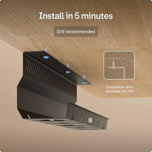 Desktronic Cable Duct Desk Black Set of 2 - Stainless Steel Cable Management Desk Cable Duct with 5 Cable Cut-Outs - Easy to Install Cable Organiser - Cable Holder - color: Black