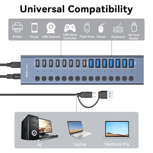 ACASIS 16 Ports Powered USB 3.2 Hub (8 USB-A 3.2 +8 USB-C 3.2), 10Gbps | Individual On/Off Switch for Each Port • Aluminum Housing • Better Heat Dissipation • Plug & Play • 96W Power Adapter - color: Gray