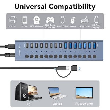 ACASIS 16 Ports Powered USB 3.2 Hub (8 USB-A 3.2 +8 USB-C 3.2), 10Gbps | Individual On/Off Switch for Each Port • Aluminum Housing • Better Heat Dissipation • Plug & Play • 96W Power Adapter - color: Gray