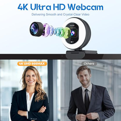 4K Webcam with Ring Light & Built-in Microphone for PC Streaming - size: 3.40 inch