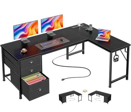 Furologee 63" L Shaped Desk, Computer Corner Desk with Outlets, Black - color: Black, size: 63“