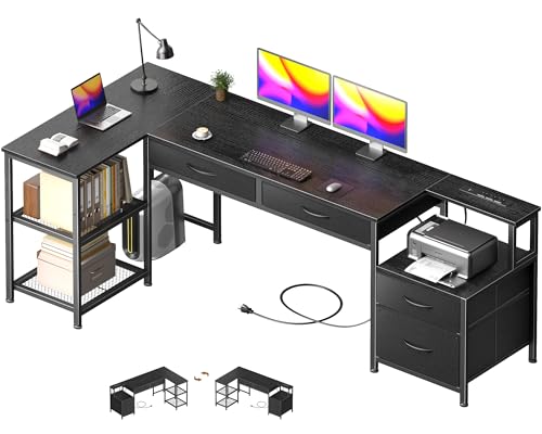Korfile 65 Inch L Shaped Computer Desk with Power Outlets, Reversible Home Office Desk with 4 Fabric Drawers & 2 Adjustable Mesh Shelves, Corner Study Work Desk with Larger Storage, Black - color: Black, size: 65 inch