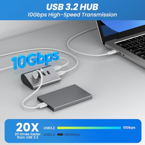 EJAY 10Gbps USB 3.2 Hub, 4-Port USB C/A Splitter for SSD,Laptop,PC,Mac | Aluminum,23° Ergonomic,Extra Power Supply Port,Stable Data Transmission,Dual Cable - color: Gray