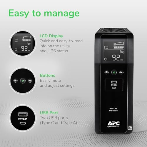 APC UPS 1000VA Sine Wave UPS Battery Backup & Surge Protector, Backup Battery Power Supply with AVR, (2) USB Charger Ports, BR1000MSR (Renewed) - size: 1000VA