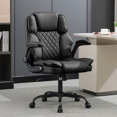 Office Desk Chair, Conference Room Chairs, Mid Back Executive Leather Chair,Ergonomic Home Computer Chair, Modern Office Chair with Adjustable Flip-Up Arms and Rocking Function (Black) - color: Black