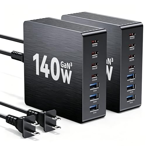 USB C Charging Station, 140W GaN III 7 Port Fast Charger Station, PD 3.0 USB Charging Station for Multiple Devices, Multiple USB C Charger Station for iPad iPhone Samsung Android (2 Pack, Black) - color: Black - 2 Pack