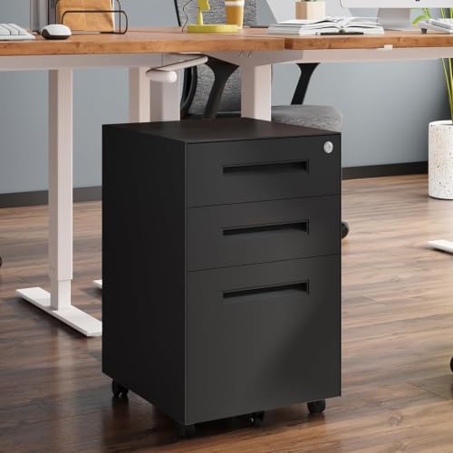 Dripex 3 Drawer Metal Rolling File Cabinet Under Desk Filing Cabinet Black | 15"W x 18"D x 24"H, Lockable, 5 Wheels, Fully Assembled, Letter/Legal Size, Suitable for Home Office - color: Black