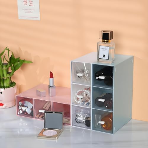 Desk Organizer 3 Drawers, Stackable Makeup Organizer, Small Toolbox | 1 Teir Blue, Plastic Mini Drawers, Pen Storage Box, Tabletop Craft Storage, Office Supply Organizer, Vanity Organizer - color: 1 Tall Layer & 3 Drawers, Blue