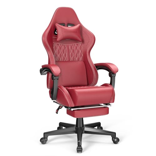 Vintage PU Leather Gaming Chair, High Back Gamer Chair with Massage, Ergonomic Computer Office Chair with Footrest for Adults, Racing Style Reclining Video Game Chair Bright Red - color: Bright Red