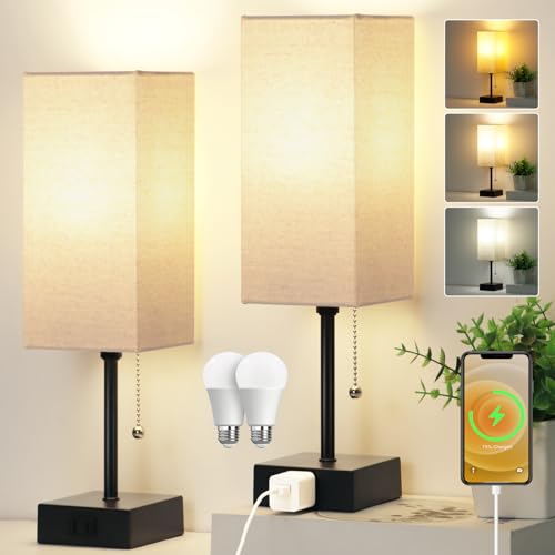15'' Bedside Table Lamp for Bedroom Small Night Light Lamps for Night stand - color: Black+linen, size: 15inch