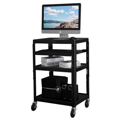 Bonnlo 3-Tiers Rolling AV Presentation Cart with Keyboard Tray, Mobile Computer Utility Media Cart with Adjustable Height Function, Projector Cart on Wheels for School, University and Office Use - style: Presentation Cart