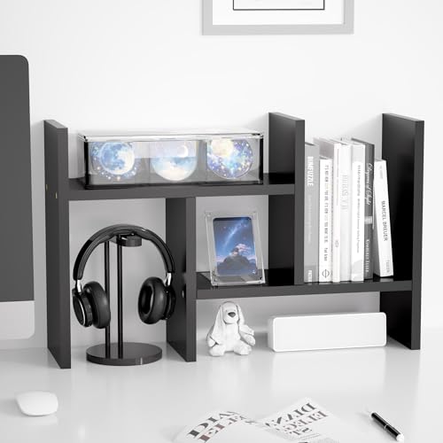 Jerry & Maggie Desktop Organizer Office Storage Rack Adjustable Wood Display Shelf Free Style Double H, Multi-Functional Mini Bookshelf for Desk Natural Stand (Black) - color: Black