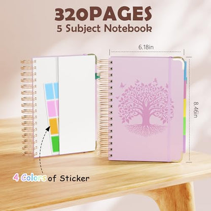 QIYVLOS Hardcover Spiral Notebook, A5 Journal with Removable Dividers Tabs, 5 Subject Notebook College Ruled, 320 Pages 6"x8" Leather Notebooks for Work School Study, Lined Journal for Women, Pink - color: A5/Pink