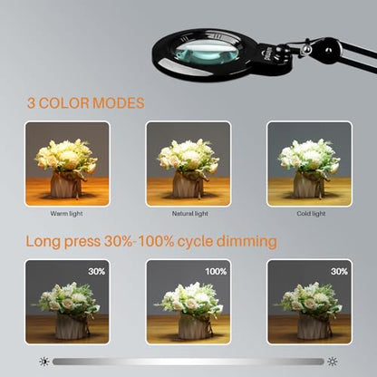 Magnifying Lamp with Clamp, 6-Inch Replaceable Lenses, Black | Includes detachable 3D & 5D glass lenses with 120 LEDs, 3 color temperatures, and 1200LM illumination